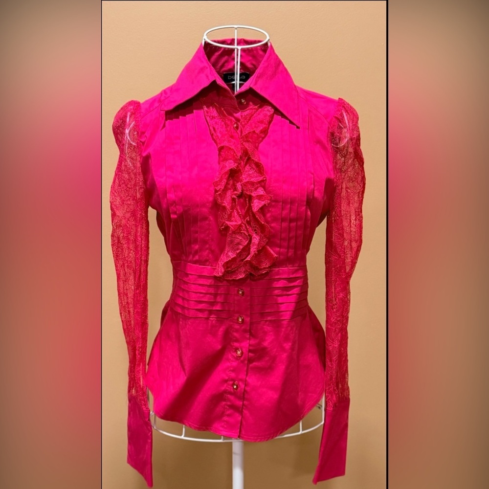 Bebe Hot Pink Lace Sleeve Ruffle Button Down Blouse XS